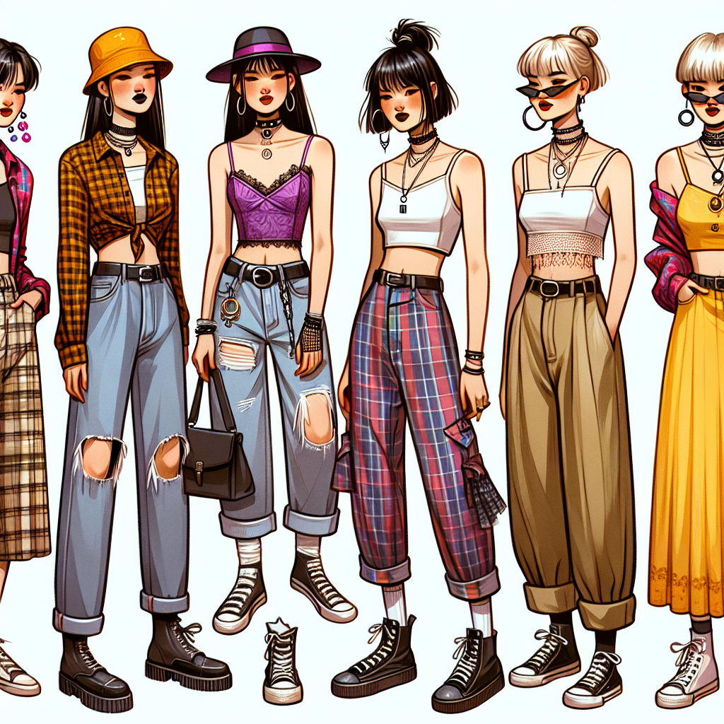 Create a collection of illustrations that depict 90s inspired party outfits. Feature at least three different ensembles that represent iconic fashion trends from this glamorous era. In the first outfit, focus on the grunge style with plaid shirts and distressed jeans for an Asian male. The second look should be a Britpop-inspired getup, showcasing a minimalist slip dress and a choker for a Caucasian female. The third ensemble should illustrate the popular funk fashion trend with bright hues, baggy pants, and cropped tops for a South-Asian non-binary individual. As accessories, incorporate elements such as chunky footwear, bucket hats, and tiny sunglasses.