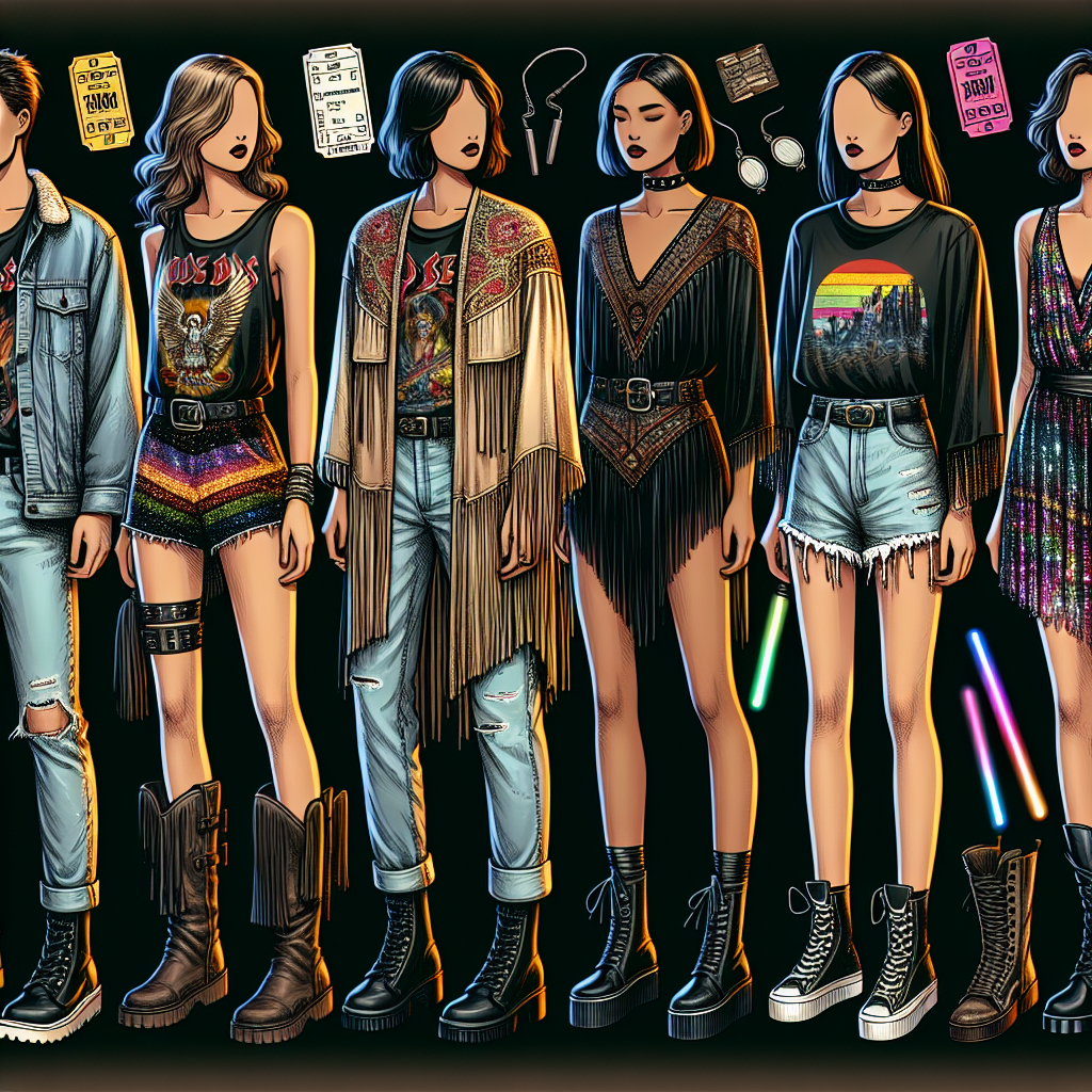 Must-Have Styles: What to Wear to a Concert An image displaying a diverse array of concert outfits for people of various gender and ethnic backgrounds. In particular, visualize a Caucasian male wearing a vintage rock band t-shirt paired with denim jeans and black boots, a Middle-Eastern female sporting a bohemian-fringed leather vest over a flowy top, teamed with high-waisted shorts. Include an East Asian male in a neon graphic tee with utility cargo pants and high-top sneakers, and a Black female dressed in a sequin mini dress with platform boots, clutching neon glow sticks in her hands. Background elements could include concert-related items such as ticket stubs, band posters, guitar picks, and the ambiance of brightly lit stage lights.
