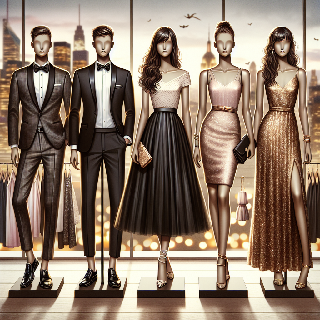 First Date Outfits: Stunning Styles for a Chic Night Out Imagine a collection of elegant first date outfits, stylishly arranged on mannequins. Each outfit should demonstrate a unique sense of style and sophistication suitable for a chic night out. The first is a sleek black tuxedo worn by a South Asian man mannequin, complete with matching bowtie and polished shoes. Beside it, a Middle Eastern female mannequin dons a fabulous A-line skirt paired with a silk top and dainty jewelry. Lastly, a sparkling gold evening dress graces an African descent female mannequin, paired with a chic clutch and high heels. The background features a romantic cityscape to set the evening mood.