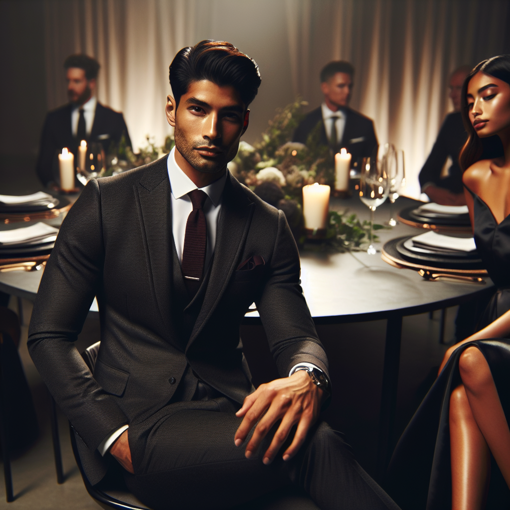 Imagine a beautifully set venue. At the center, a sleek, round table is decorated with a minimalist, classy centerpiece. A South Asian man in a smart charcoal grey suit paired with a crisp white shirt and a burgundy tie, exudes confidence and style. A Hispanic woman, wearing a chic, flowing black dress which compliments her figure, her subtle accessories adding a touch of sparkle. Each ensemble is a testament to effortless elegance fitting for rehearsal dinners. Picture the ambient lighting casting a soft glow over the scene, heightening the sophistication and enhancing the colors of their stunning outfits.