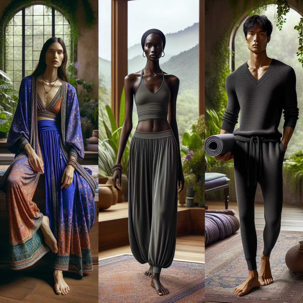 What to Wear to Yoga: Effortless, Stylish Picks An image capturing the essence of yoga fashion. It should depict a serene scene, preferably in a serene, calming yoga studio with hardwood floors, abundant greenery, and soft sunlight pouring through nearby windows. Different yoga outfits should be showcased here. Visualise a Middle-Eastern woman draped in a vibrant flowing yoga top and fitted yoga pants set in rich inky blue, a Black woman wearing a relaxed fit soft grey yoga jumpsuit, and an East Asian man sporting a minimalist, streamlined yoga attire in charcoal hues, with a yoga mat under his arm. Each one should embody the spirit of relaxation and comfort that yoga inspires.