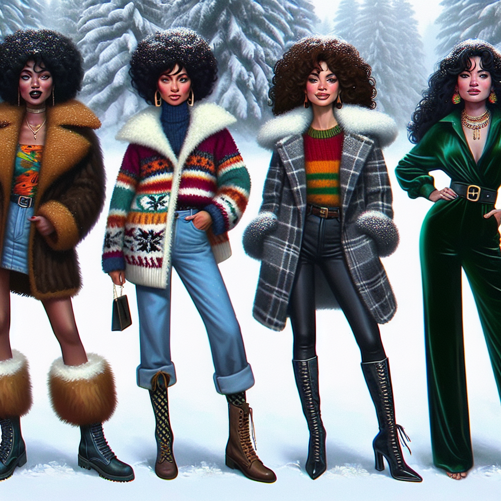 Imagine a snowy winter scene with four women showcasing their uniquely fashionable outfits designed especially for the comedy show outing. The first woman, a black, curly-haired comedian, dons a faux fur coat with flairs of vibrant colors. Next to her stands a middle-eastern woman, wearing a grey oversized woolen sweater paired with knee-length denim boots. Third in line is a Hispanic woman, she chooses to wear a quirky combination of an oversized red and green plaid shirt over black leggings. The final woman, of South Asian descent, shines in an emerald green velvet jumpsuit. All of them radiate confidence, humor, and exquisite taste in fashion.