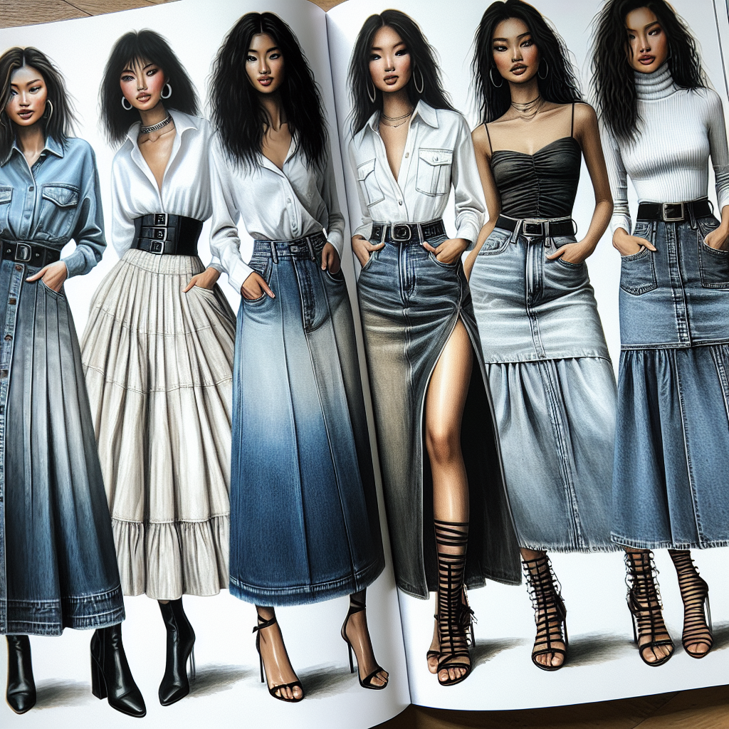 Imagine a fashion magazine spread showcasing various stunning outfits that go well with long jean skirts. The first page features an Asian woman with a contemporary, edgy look. She wears a long, distressed denim skirt with a bold graphic tee and chunky boots. On the next page, a Black woman exudes a bohemian vibe. Her light-washed, long jean skirt is paired with a loose, white, off-shoulder blouse and strappy gladiator sandals. Lastly, you see a Middle-Eastern woman with a chic, minimalist style. She's donned a dark denim long skirt, a fitted white turtleneck, and sleek black pumps.