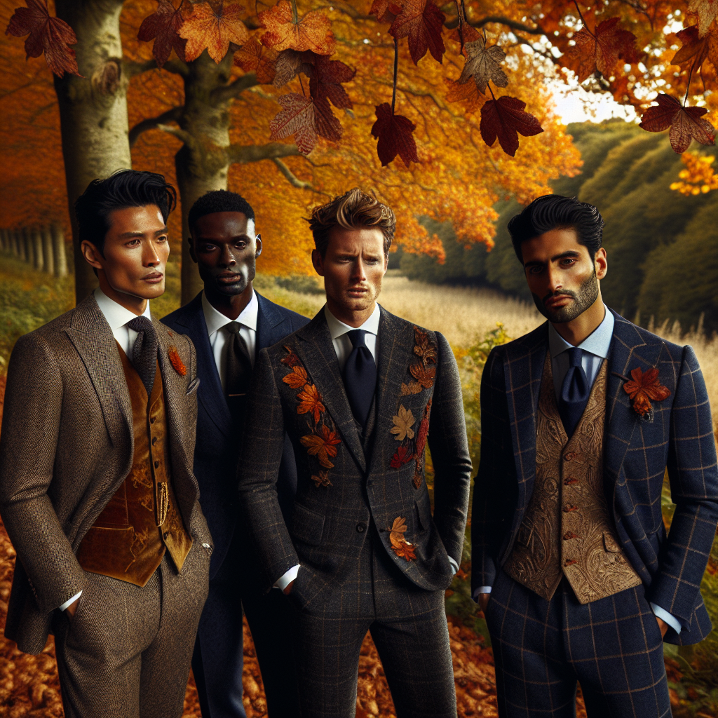 An autumnal scene showcasing different styles of fall wedding attire for men. Freeze this moment in time: leaves falling from the trees, painted in bright oranges and yellows. Amidst this gorgeous backdrop, display four men of varied descents - South Asian, Black, Hispanic, and Middle-Eastern. Each man should have a distinct style of suit that reflects the current fall fashion trends. One man is wearing a classic tweed suit, another fashioning a velvet suit with embroidered details, the third one in a three-piece wool suit, and the last in a navy check blazer with matching trousers. They all exhibit sophistication and elegance.