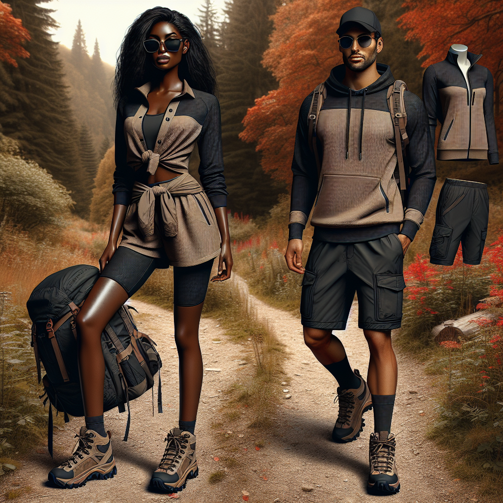 An image depicting an outdoor hiking scene featuring two individuals ready for a hike date. One individual is a Black woman in stylish and practical active wear, featuring a layered moisture-wicking shirt with a lightweight jacket tied around her waist, hiking trousers and sturdy boots, with sporty sunglasses and a backpack. The other individual is a Hispanic man in equally trendy, functional attire, with a breathable hoodie, rugged trail shorts, cushioned hiking boots and a baseball cap. The backdrop serves rich color of autumn woods, showcasing a little trail that leads deeper into the heart of the forest.