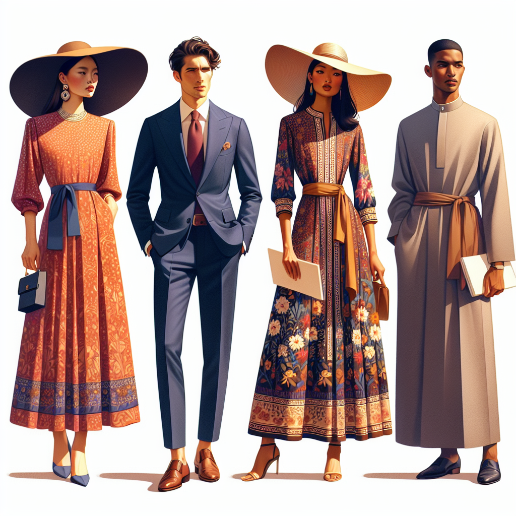 Elegant Church Outfits: Dress Your Best for Worship A comprehensive fashion guide showcasing a diverse set of individuals sporting elegant church outfits. Picture a South-East Asian woman in a vibrant, midi-length dress with a large sun hat. Next to her, a Caucasian man dressed in a crisp navy blue suit with a wine-colored tie. In another corner, the scene captures a Middle-Eastern woman donning a beautiful, intricately embroidered tunic in rich earthy tones. Lastly, spot a Black man wearing a well-tailored gray suit paired with a light blue button-up shirt. They're all heading to church under vibrant morning sunshine, to add an additional captivating visual element to our guide.
