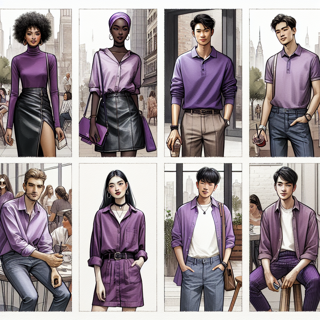 Visual representation showcasing a variety of outfits incorporating purple shirts. The scene involves diverse individuals of different descents and genders. A Black female in an urban setting combines a deep purple shirt with a leather skirt. Next, an Asian male pairs a pastel purple polo with dress pants at a casual outdoor gathering. A Middle-Eastern non-binary person teams a plum-colored shirt with eclectic boho pieces in a caf&eacute;. Lastly, a Caucasian man mixes a mauve button-up shirt with jeans for a relaxed weekend. The style ranges from casual to formal, chic to comfortable, vividly illustrating the versatility of purple shirts.