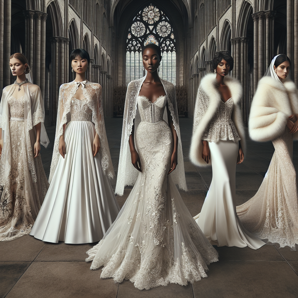 Must-Have Cover-Ups for Wedding Elegance An elaborate scene showcasing five different must-have cover-ups for wedding elegance. The first is a chic bolero draped around the shoulders of an Asian woman wearing a beautifully embroidered wedding gown. The second shows a Hispanic woman wearing a sheer, floor-length cape with her white mermaid-style dress. The third one portrays a Black woman in an intricate lace shrug over her creamsicle colored dress. The fourth presents a Middle-Eastern woman pulling off a sleek cashmere wrap with her vintage wedding dress. The fifth features a Caucasian woman donning a faux fur stole over her winter-themed wedding dress. A grand Gothic cathedral serves as the backdrop for this scene.