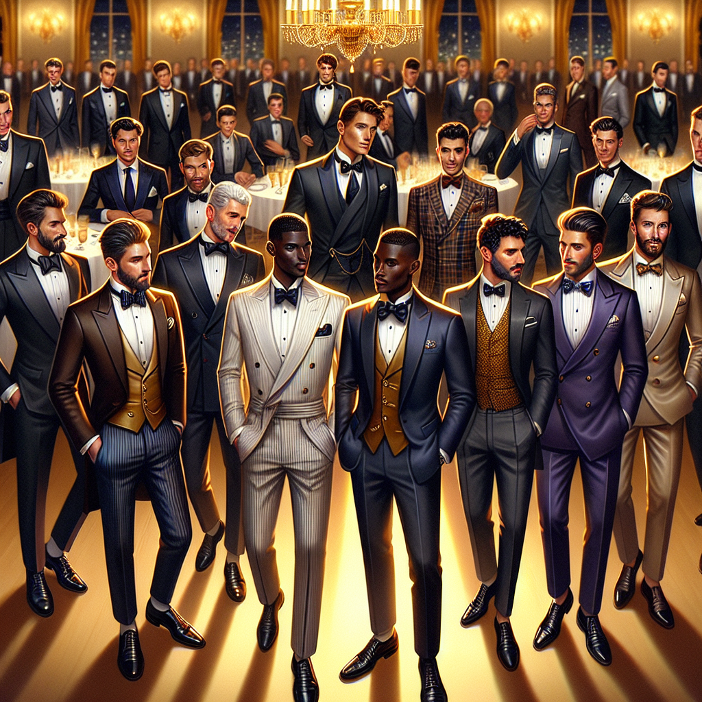 Exclusive Gala Styles for Men: Effortless Elegance Depict a grand ballroom scene with men showcasing a diverse range of elegant gala styles. Each man, of different descents like Caucasian, Asian, Black, Hispanic, Middle-Eastern and South Asian is wearing exquisitely tailored suits, tuxedos, and traditional formal wear from their respective cultures. They are all interacting and mingling with each other, radiating confidence and charm. Include details like cufflinks, silk handkerchiefs, bow ties, and polished shoes. The atmosphere is sophisticated and luxurious, with chandeliers casting a golden glow, enhancing the high-quality fabrics used in their outfits.
