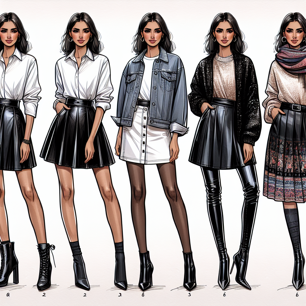 Create an image showcasing five distinct looks featuring a black leather skirt. Display a mix of both casual and sophisticated styles for various events. The first look should include a Caucasian woman in a black leather skirt paired with a white blouse and ankle boots. The second look should feature a Black woman in a black leather skirt and a denim jacket with high heels. The third look could showcase a Middle-Eastern woman matching a black leather skirt with a cozy sweater and sneakers. For the fourth look, visualize a Hispanic woman combining a black leather skirt with a sequin top and strappy sandals. Lastly, the fifth look should portray a South Asian woman in a black leather skirt styled with a colorful scarf and knee-high boots. 