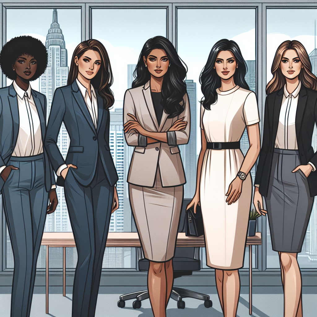 Business Attire Guide: Must-Have Looks for Women Illustrative concept of a diverse group of professional women showcasing business attire. From left to right, there is a Black woman in a navy blue business suit, a South Asian woman in a chic cream business dress, a Caucasian woman in a stylish grey pant suit, and a Hispanic woman in a sleek black skirt suit. They stand confidently in an office setting with modern decor, city view through a large window behind them. Their expressions are confident and satisfied, demonstrating a successful, high-powered business environment.