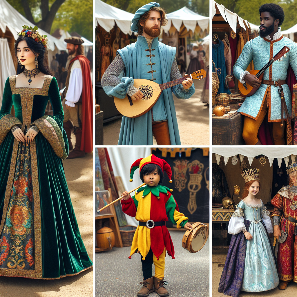 What to Wear to a Renfaire: Stunning, Effortless Styles An outdoor scene showcasing different medieval fashion styles appropriate for a Renaissance fair. A South Asian woman in a flowing green velvet dress adorned with intricate gold embroidery. A white male dressed as a bard in a light blue tunic and brown pants, holding a lute. A Middle Eastern child in an adorable jester costume, brightly colored in red and yellow, is playing with a toy wooden sword. Finally, a black woman, draped in a royal purple cloak, is wearing a crown, embodying the regal aesthetic of a queen. Market stalls with medieval merchandise in the background.