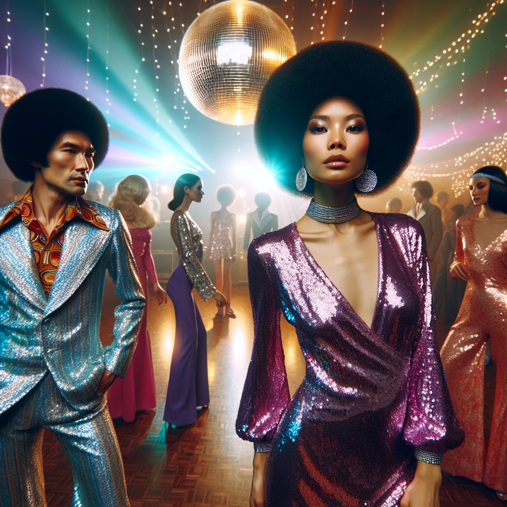 Must-Have Disco Outfits: Effortless & Stylish Envision a captivating image that captures the essence of must-have disco outfits. In the forefront, there's a Hispanic woman embodying effortless style, she's adorned with a shimmering sequin dress that captures and reflects the disco lights around her. Next to her, an Asian man in a stylish, bright-colored, polyester suit, demonstrating the dazzling charm of retro fashion. Their Afro hairstyles are indicative of the disco era. Around them is a vibrant atmosphere filled with people donning similar retro attires, the glimmering disco ball overhead, and the dance floor pulsating with the rhythm of 70's music.