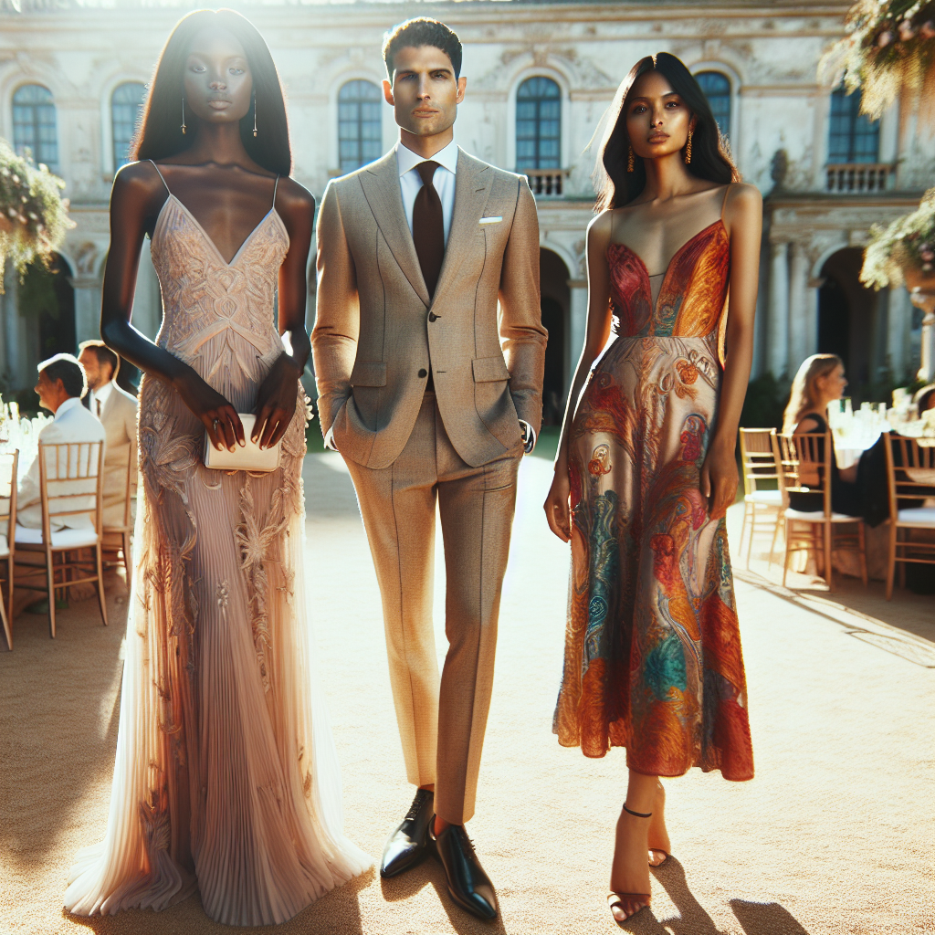 Imagine an immaculate outdoor venue, bathed in the soft light of a late afternoon sun. The guests have arrived for a 5:00 wedding. Focus on three guests standing together. To the left, a Black woman wearing a moderately elaborate, ankle-length dress in a warm pastel color. In the center, a Middle-Eastern man showcasing a sharp, light-colored suit with a complementing tie. To the right, a South-Asian woman adorned in a vibrant, elegant, knee-length cocktail dress. All outfits portray an effortless yet stunning style, signifying sophistication and charm. Add an air of joy and anticipation around these stylish attendees.