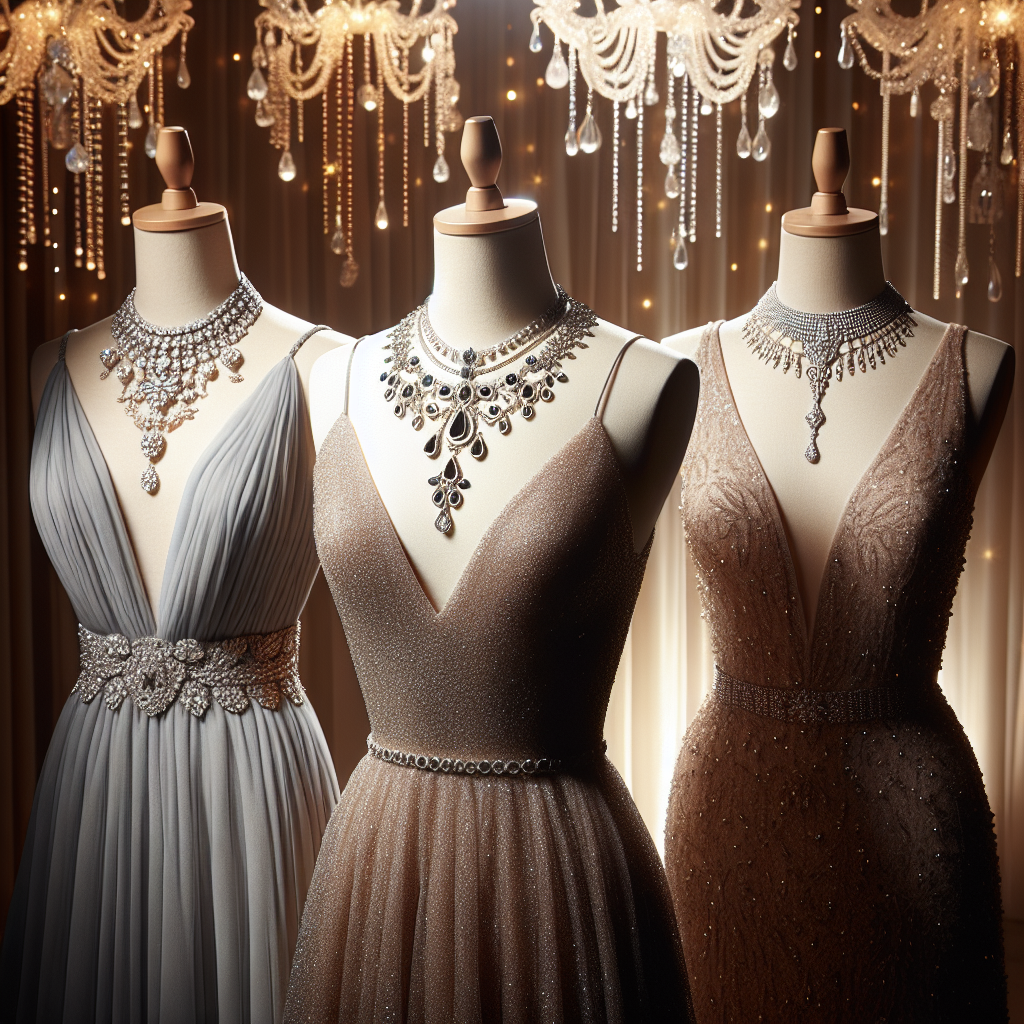 Depict an elegant scene that showcases a selection of stunning necklaces designed to complement V-neck dresses. These necklaces should be beautifully detailed, varying in design and materials, some with precious stone embellishments, others more understated and delicate. Picture a few of the necklaces draping over elegantly designed mannequins adorned with V-neck dresses to present a perfect marriage of jewelry and fashion. The setting should emit a radiant, sparkling atmosphere that emphasizes the effortless elegance these pieces bring to their wearer. Each necklace showcases a unique style perfect for any occasion, from casual daywear to glamorous evening ensembles.