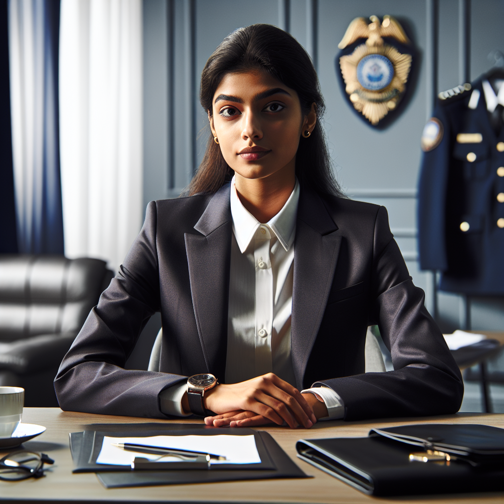 What to Wear to a Police Interview: Must-Know Tips A professional setting showcasing a South Asian woman dressed in a well-tailored suit displaying confidence and readiness. She is seated in an office-like environment, possibly waiting for an interview. In the background, there's a suggestion of the presence of law enforcement paraphernalia, like an insignia or police badges, subtly indicating the nature of the interview. On the table before her is a portfolio of documents and a cup of coffee. The image should convey a mix of seriousness, anticipation, and readiness.