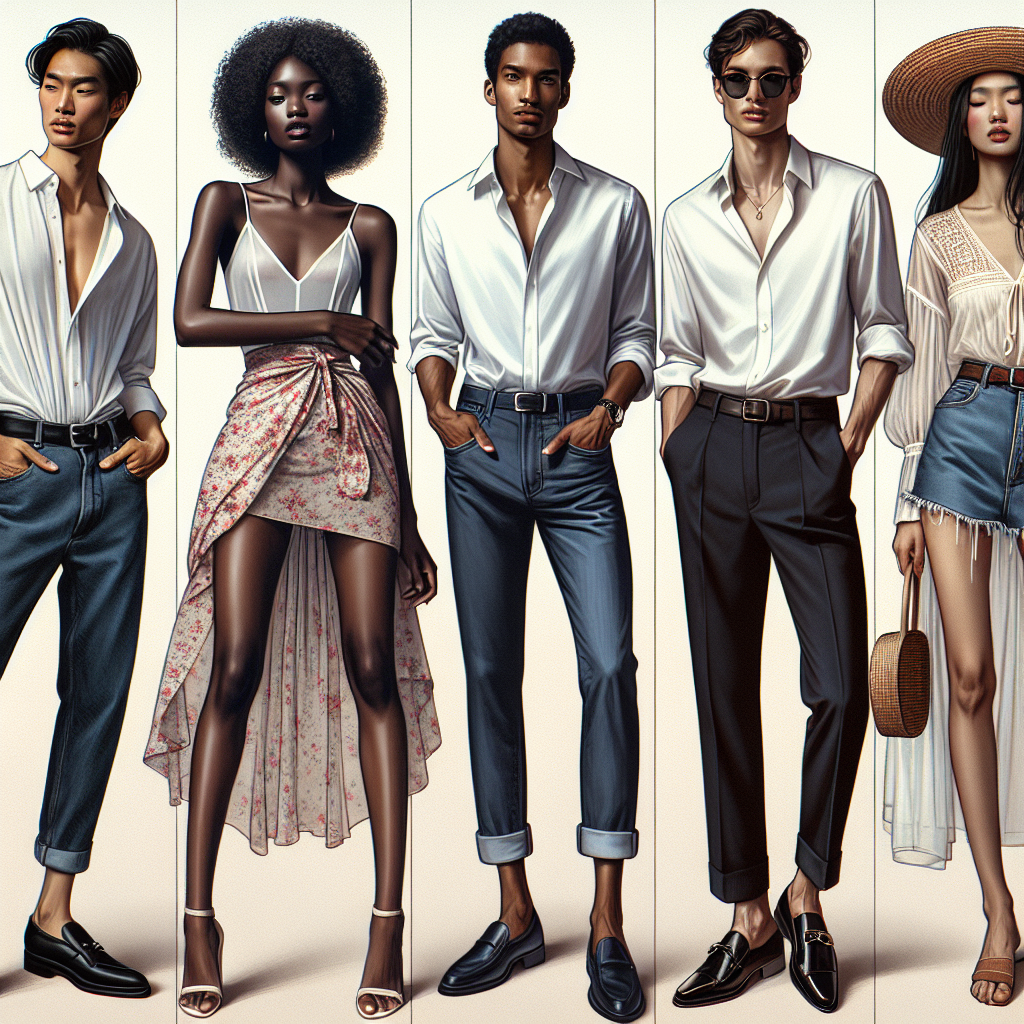 A stylish showcase of fashionable must-have styles for sheer white shirts. Featured are five different outfits that center the white shirt as a key piece in each ensemble. First, a South Asian man wears the shirt with dark blue jeans and black loafers. Second, a Black woman sports the sheer white shirt tucked into a floral skirt. Third, a Caucasian male integrates the shirt under a sleek dark suit. The fourth outfit is a Hispanic woman pairing the shirt with high-waisted denim shorts and straw hat. Lastly, a Middle-Eastern woman wears the white shirt layered over a sundress.
