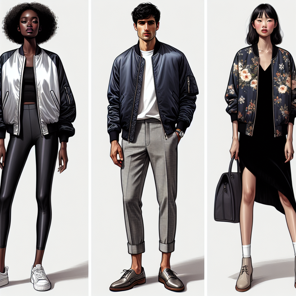 Stunning Bomber Jacket Outfits: Effortlessly Top Trends Visualize a series of three different outfits incorporating bomber jackets as a key element in their design. The first outfit features a Black woman in her twenties donning a metallic silver bomber jacket paired with black leggings and white sneakers. The second showcases a Middle-Eastern man in his thirties sporting a navy blue bomber jacket over a white crewneck t-shirt, matched with grey chinos and brown derby shoes. The final outfit highlights an Asian woman in her forties adorning a floral print bomber jacket with a black dress and beige ankle boots. Each outfit exudes a sense of effortless fashion, embracing top trending styles.