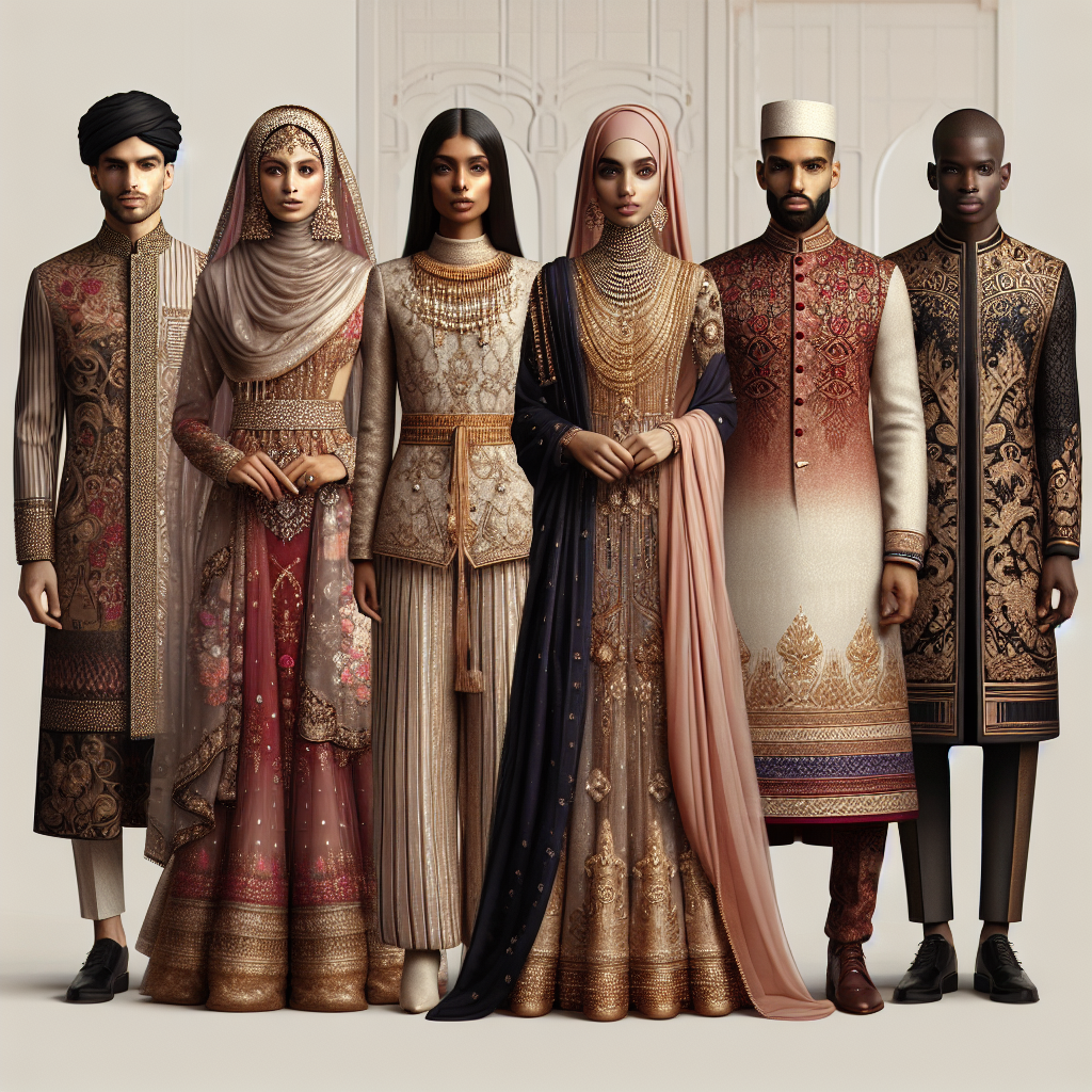 Stunning Outfits for Nikah: Dress to Impress Visualize a stunning collection of clothing for a Nikah ceremony in a variety of styles. Imagine a line-up of five unique outfits displaying a range of rich colors, luxurious fabrics, and intricate embroidery. These should cater to diverse individuals: showcasing an outfit for a South Asian woman, another for a Middle Eastern man, a Black woman, a Hispanic man, and a Caucasian woman. The outfits should reflect elegance, cultural richness, and traditional sophistication associated with such ceremonies.