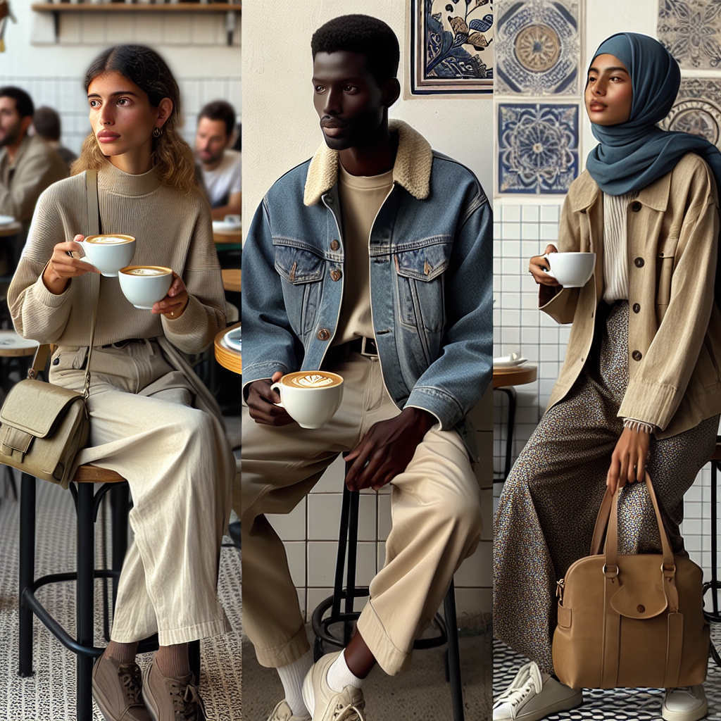 Imagine a bustling, trendy caf&eacute; with latte art being poured into ceramic mugs. Around the tables, observe three fashion-conscious individuals enjoying their coffee. The first, a Middle-Eastern woman, is clad in a comfortable yet chic minimalist street style outfit, complete with clean lines and neutral hues. The second, a Black man, exudes a refined, casual style with a well-tailored denim jacket and khaki trousers. Lastly, a South Asian woman shines in a modern bohemian outfit &ndash; a balance of prints and textures, paired with a classic leather tote. All resonate with effortless style, apt for a coffee date.