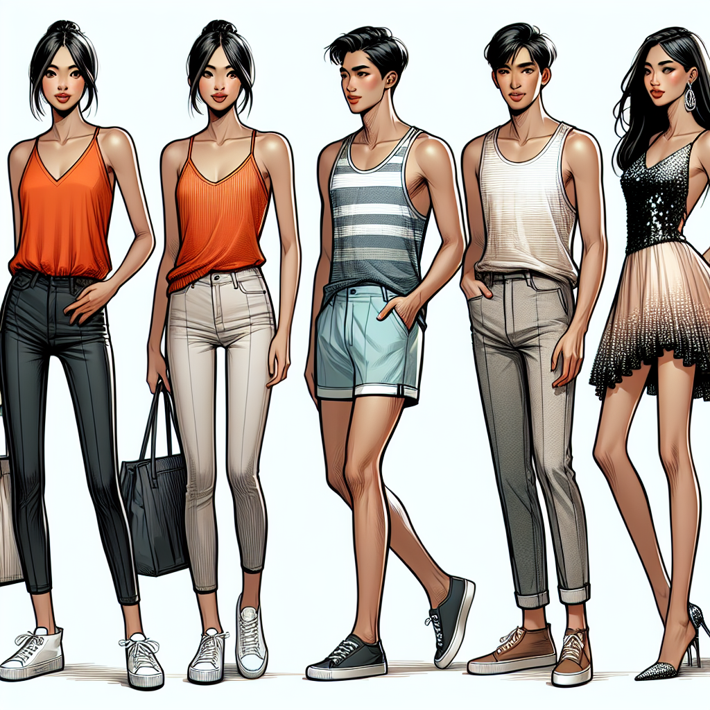 Elevate Your Style: Best Pairings for Tank Tops Visualize a stylish fashion guide focusing on tank tops. Illustrate multiple frame vignettes that incorporate tank tops in various ensembles. Image one: an Asian woman wearing a vibrant orange tank top with a pair of sleek black leggings and white sneakers. Image two: an African man wearing a monochrome gray tank top paired with pastel-colored shorts and brown loafers. Image three: a Caucasian man wearing a striped tank top with washed denim jeans and a pair of classic high-top canvas shoes. Image four: a Hispanic woman wearing a sequined tank top with a flowy, asymmetrical skirt, and glam high-heels. Complement each outfit with appropriate accessories for a complete look.