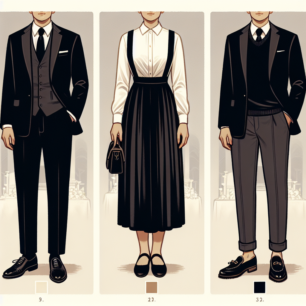 Visual guide on respectful attire for a funeral - showcasing a series of three outfit examples. The first outfit is for a Caucasian male, presenting a classic black suit, a white formal shirt and a black tie. The second example illustrates an attire for a Hispanic female, featuring a dark-colored modest dress up to knee length with matching closed-toe shoes. The third outfit is for a Black non-binary individual, demonstrating a dark blazer with matching trousers and loafers. Each outfit should exude a sense of respect, elegance and somberness appropriate for a funeral setting.