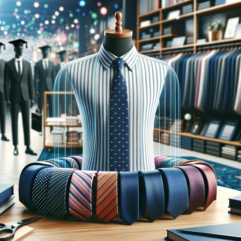 Envision a colorful array of ties neatly arranged that are ideal for striped shirts. The scene is set within a formal shopping environment. The ties vary in hues, featuring a mix of polka dots, solid colors, and minimalist patterns. They are designed to accompany striped shirts perfectly, enhancing the wearer's style at graduation events. In the background, you can see various graduation paraphernalia, such as ceremonial caps and diplomas, further emphasizing the setting.