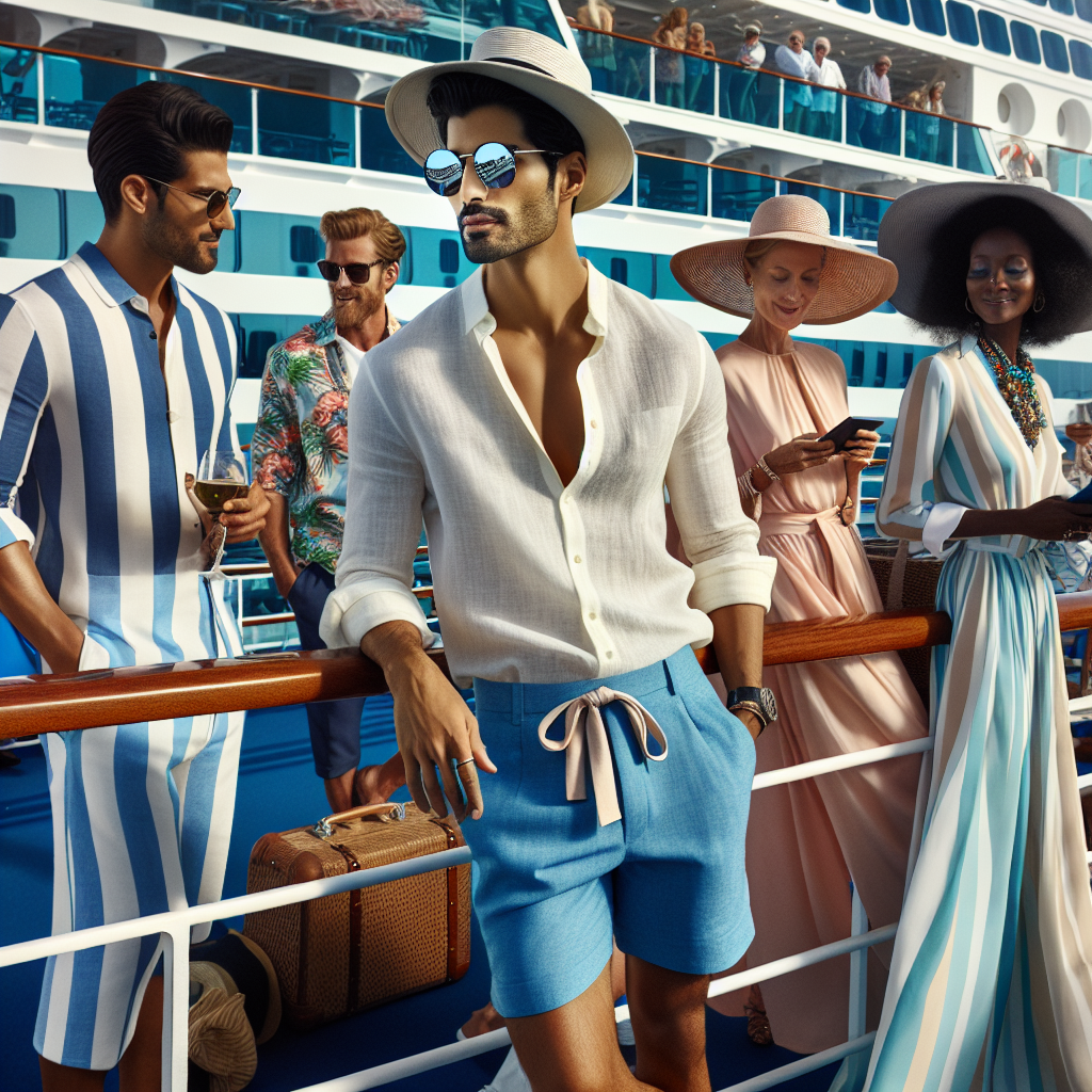 Stunning Cruise Outfits: What to Wear on Embarkation Day A stylish scene onboard a grand cruise ship on embarkation day. In this bustling scenario, various people are preparing for the exciting journey ahead. A South Asian man in a crisp white linen shirt with vibrant blue shorts casually leans against the rail, mirror sunglasses reflecting the sea. A black woman elegantly dressed in a flowing pastel-colored summer dress mingles with other passengers, her wide-brimmed hat offering a touch of sophistication. A Middle-Eastern woman in chic nautical stripes and comfortable capri pants shares a laugh with a Hispanic man donning a bright, tropical print shirt and khaki shorts. Each carrying a sense of vacation exhilaration in their diverse cruise outfits.