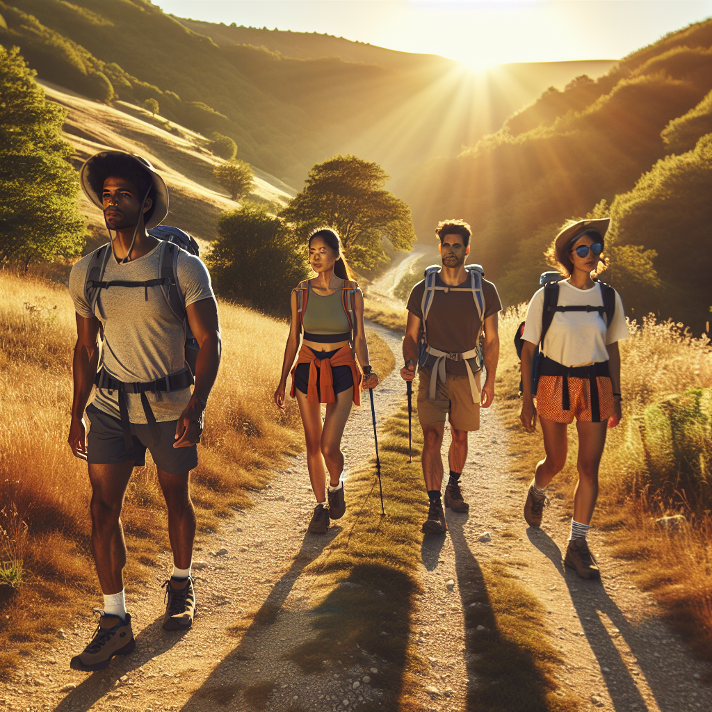 A picturesque summer hillside trail, bathed in the warmth of golden sunlight. On this trail, a diverse group of four hikers are making their trek. One person, a male of Black descent, is dressed in breathable, stylish hiking shorts and a sun hat. An Asian woman, equipped with multi-pocket lightweight hiking pants, and a cooling headband. A middle-eastern man, donning a sweat-wicking athletic shirt. Lastly, a Hispanic woman, accessorized with a brightly colored bandana scarf tied around her waist and wearing a pair of high-performance sun-glasses. They all are wearing supportive, lightweight trekking shoes, hats for sun protection, and have hydration packs on their back.