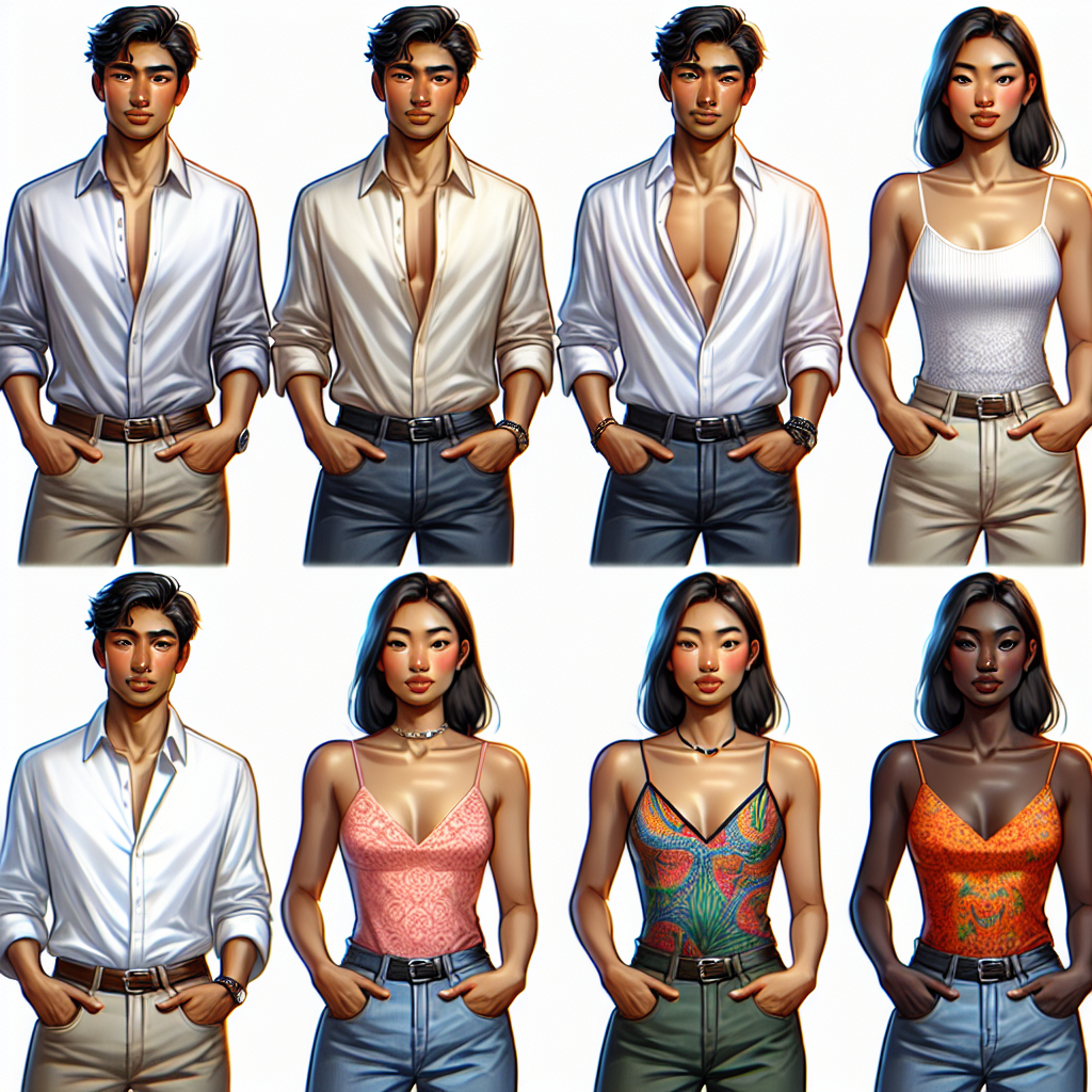 Imagine an educational style guide showcasing various examples of what to wear under a button-up for both style and comfort. The first example shows a Middle-Eastern man comfortably wearing a soft, lightweight, neutral-toned undershirt beneath a crisp white button-up. In the next example, an Asian woman is seen with a sleek, form-fitting camisole under a vibrant patterned button-up. Last, a Black woman is depicted layering a colorful spaghetti strap top under a solid color button-up. Each individual exudes a unique sense of style and an aura of effortless comfort.