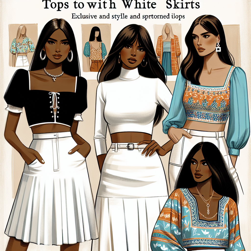 Illustrate an article cover showcasing four trendy, must-have tops to pair with white skirts. The first top is a chic black cropped blouse worn by a South Asian woman. The second top is a colorful patterned shirt, being modeled by a Hispanic woman. The third features a minimalist white turtleneck on a black woman. The final top is a lively blue peasant blouse donned by a Middle-Eastern woman. These tops epitomize exclusive and stylish options to match with white skirts.