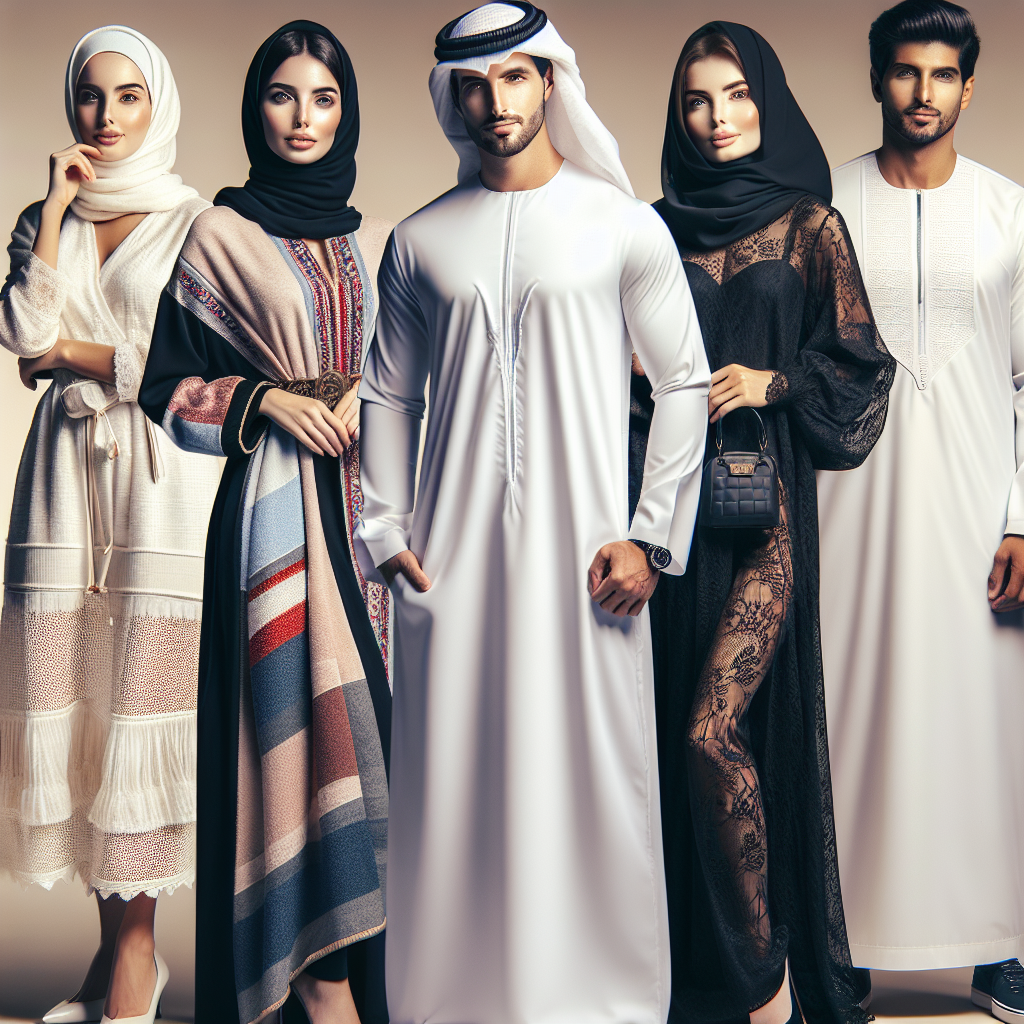 An ensemble of diverse people flaunting a variety of stylish and modest clothing ideal for Abu Dhabi's climate and culture. To the left, a middle-eastern woman in a stylish loose-fitted white kaftan paired with a colorful headscarf, and a Hispanic man sporting a crisp white dishdasha. To the right, a Caucasian woman donning an elegant black abaya with intricate lace details, and a South-Asian man in a well-tailored beige kandura. Together, they represent the vibrant and respectful fashion scene in the city.