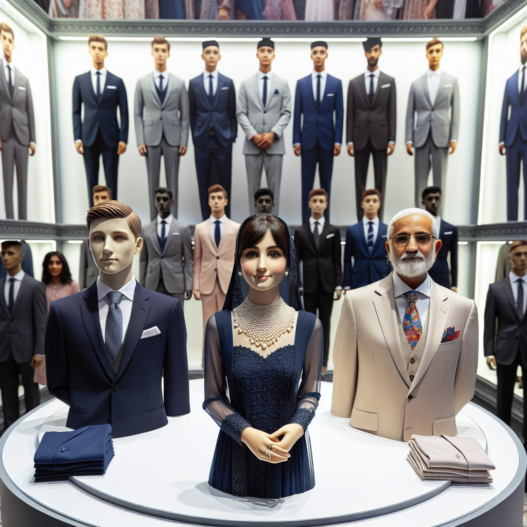 Bar Mitzvah Dress Code: Find Your Perfect Outfit! Imagine an array of clothing displays representing a diverse congregation at a Bar Mitzvah ceremony. First, focus on a Caucasian woman donning a tasteful navy blue dress paired with a pearl necklace, demonstrating an elegant balance between formality and celebration. Next, visualize a Middle-Eastern boy in an exceptionally tailored charcoal grey suit with a vibrant tie. Finally, consider an older South-Asian man dressed in an exquisite cream-colored traditional suit, set against an array of light collared shirts and tasteful tie options. The scene is infused with an understanding of tradition, respect, and celebratory spirit.