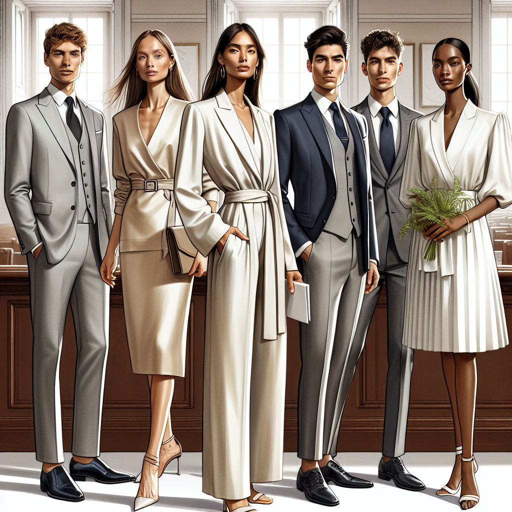 A fashion spread that outlines ideas on what to wear to a courthouse wedding. The image should depict several individuals of varying genders and descents in elegant, simple attire suitable for this occasion. Show a Caucasian man in a light grey suit, a Middle-Eastern woman in a sophisticated cream-colored dress, a Hispanic man in a navy blue blazer and crisp white shirt, a South Asian woman in a tailored silk jumpsuit, and a Black woman in a chic knee-length skirt and blouse combo. Elegance and class should resonate from their outfits. The backdrop can be a courthouse interior to set context.