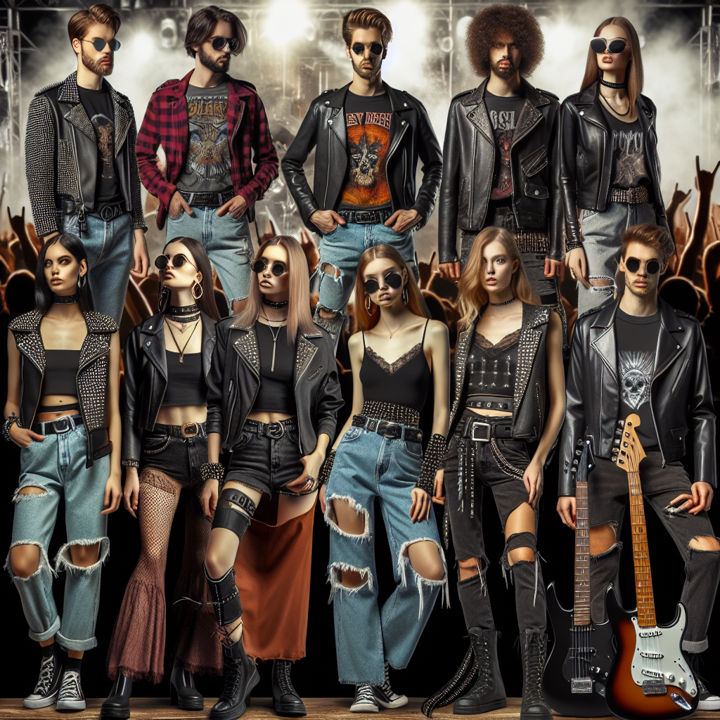 Rock Concert Ready: Stunning Outfits for Slipknot Fans A fashion oriented image showcasing a collection of stunning outfit ideas for fans of heavy metal music. These outfits should reflect the aesthetic typically associated with the music genre, consisting of elements such as black leather jackets, band T-shirts, studded accessories, and distressed denim. Ideally, we should see a range of styles suitable for people of diverse gender identities including male, female, and non-binary. Include people of differing descents, such as Caucasian, South Asian, Hispanic, Black, and Middle-Eastern, to encapsulate the diversity of the music scene. The scene is set against a backdrop that suggests the atmosphere of a rock concert.
