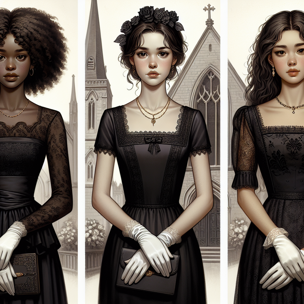 Stunning Funeral Attire: Effortless Elegance for Women Create an image showing three different women, each of different descent. One woman is Black with curly hair, the second woman is White with straight hair, and the third woman is South Asian with wavy hair. All women are wearing elegant funeral attire, which includes black dresses with delicate lace details, satin gloves, and tasteful heels. Their faces reflect a quiet dignity and they wear modest jewelry. In the background, an ornate chapel can be subtly seen. Elements of style from the late Victorian Era with its understated yet sophisticated details should be imbued in the clothing and setting.