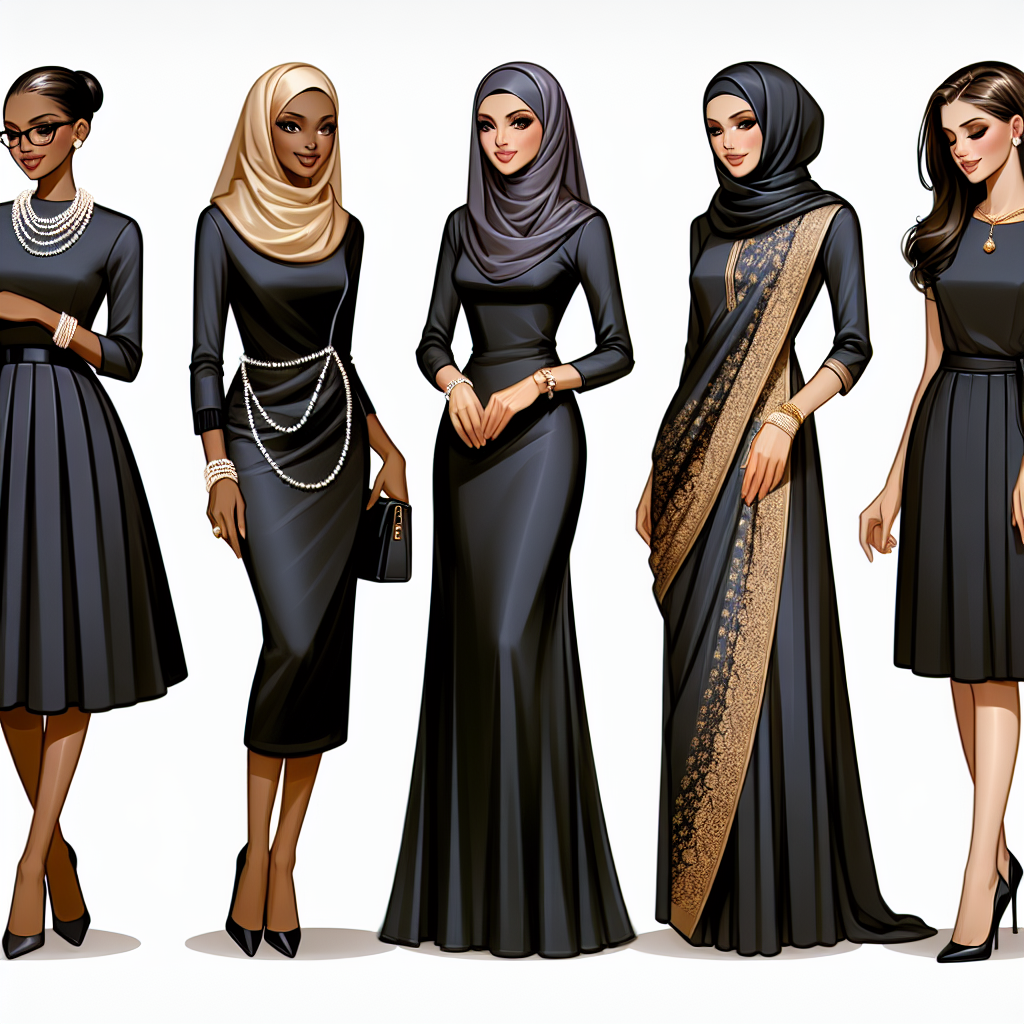 Depict a series of fashionably elegant and respectful women's memorial service attire. The first image shows an African woman dressed in a sleek black dress complimented with a pearl necklace. The second portrays a Middle Eastern lady clad in a tasteful dark-colored Hijab and long gown. The third image presents a South Asian woman in a perfectly tailored dark sari with subtle gold accents. The fourth represents a Hispanic woman outfitted in a modest black blouse and midi skirt, and the fifth portrays a white woman wearing a simple yet sophisticated black dress suit. Each clothing showcases that one can maintain grace and style even in solemn situations.