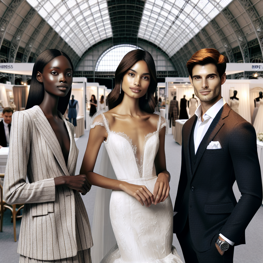 Generate an image depicting three individuals at a bridal expo, each showcasing a different must-have outfit. The first individual is a Black woman, radiant in a chic, modern bride's outfit with subtle vintage elements. The second is a Hispanic man, charming in an elegant, classic groom's outfit. The third figure is a South Asian woman, stunning in a sleek business suit as a bridal expo professional. The scene conveys the bustling atmosphere of a bridal expo with various booths and displays in the background, all within a grand exhibition hall.