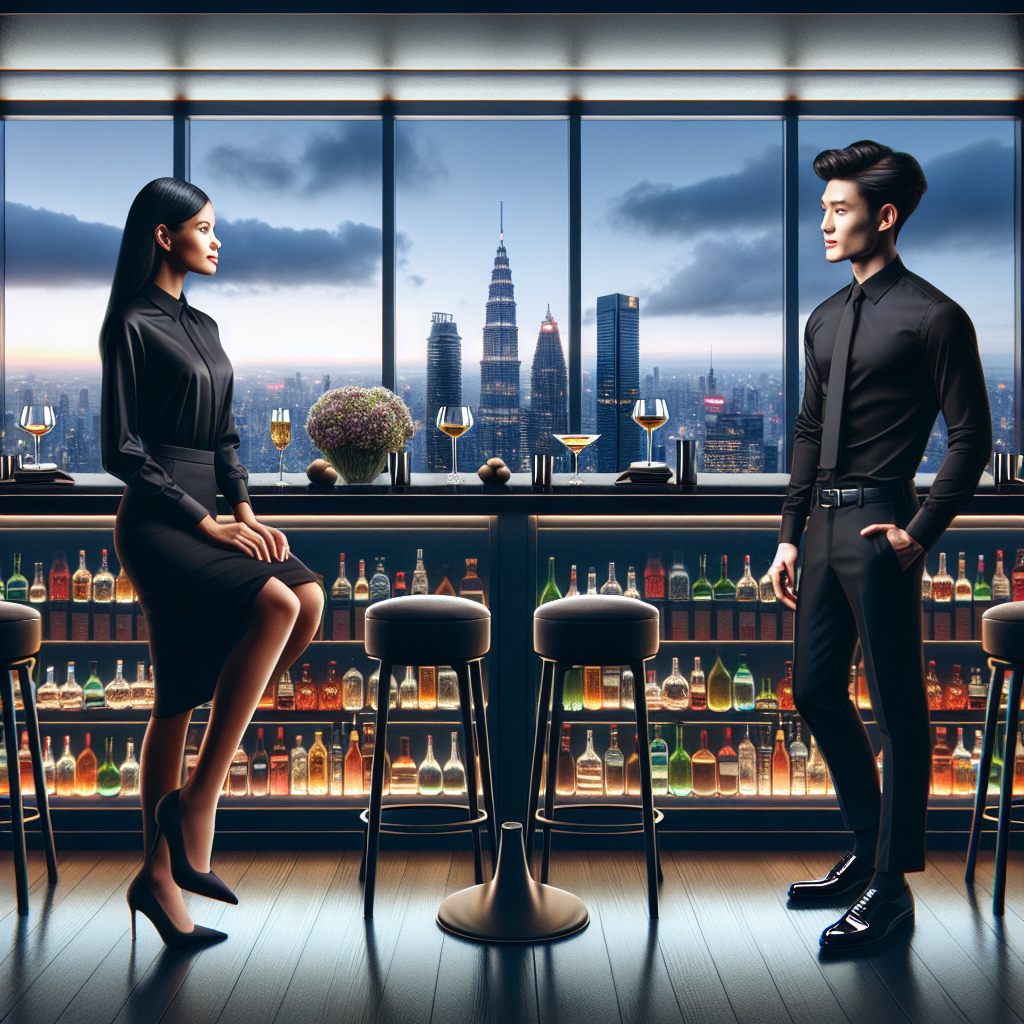Visualize a bartending interview scenario where the main subject is a diverse group of people. The first one, a Hispanic woman, is wearing a stylish black dress shirt tucked into a skirt, paired with high heels. The second subject, an East Asian man, wears a neat black dress shirt and a pair of smart trousers, complemented by polished black shoes. The setting is a ritzy bar overviewing a city skyline from a skyscraper's top floor. The bar is meticulously organized with an array of colorful bottles and sparkling glassware. The overall atmosphere is sophisticated and professional.
