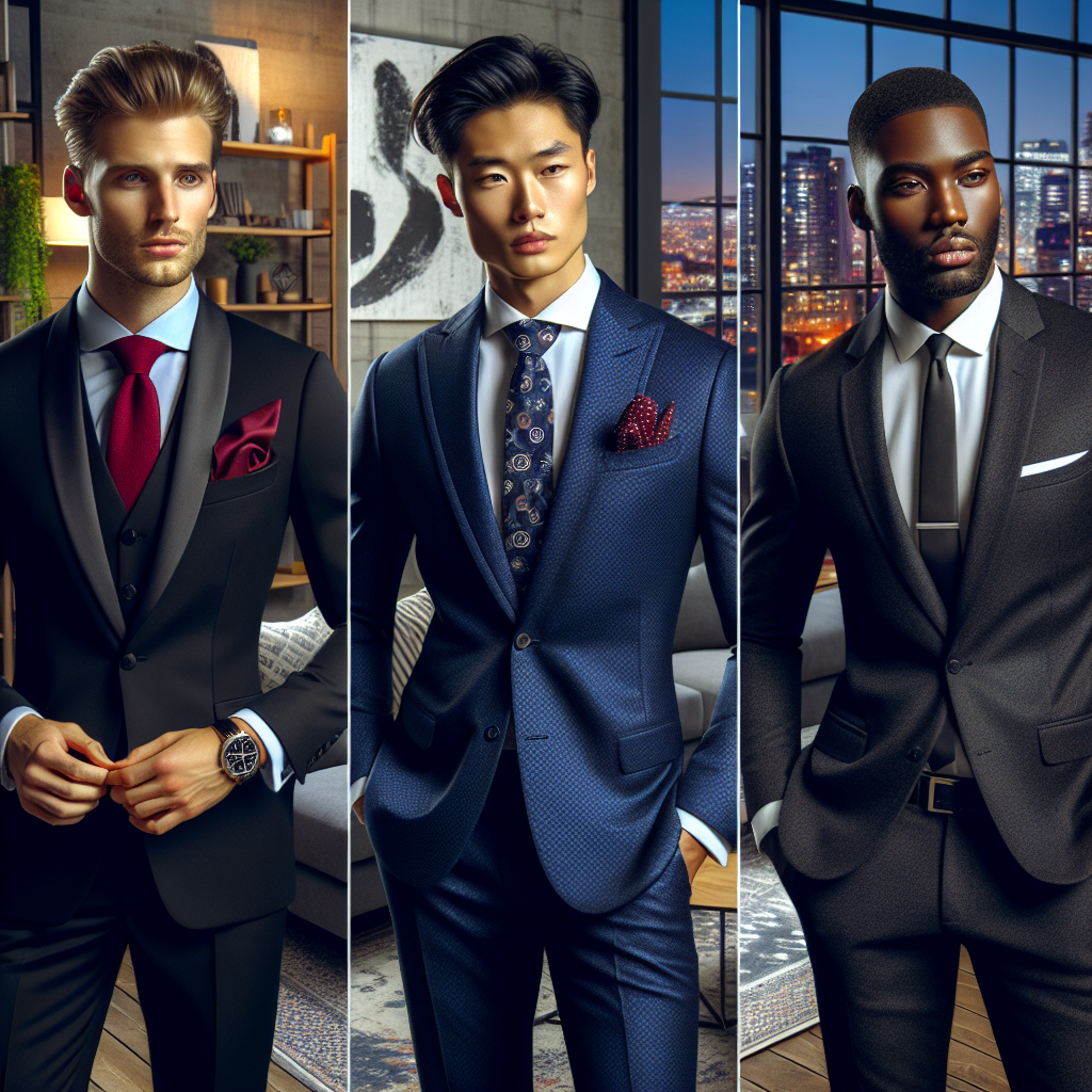 Soiree Style Guide: Effortless Looks for Men Create an image showcasing three men of different descents - a Caucasian man, an Asian man, and a Black man, each stylishly dressed for an elegant soiree. The Caucasian man is wearing an elegant black tuxedo with a crimson pocket square, the Asian man is in a midnight blue suit with a stylishly patterned dark tie, and the Black man is in a charcoal grey suit with a neat white shirt and silver tie. They are standing in a trendy loft apartment, filled with modern decor and a cityscape visible through expansive windows. This image depicts brilliant style ideas for men for evening outings.