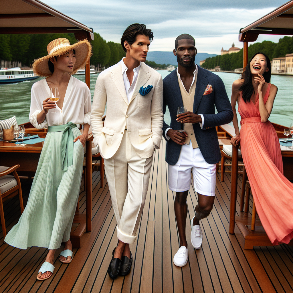 Visualize a chic scene on a river cruise. To the left, see an Asian woman in a flowing chartreuse summer dress paired with a straw sun hat. Adjacent, observe a Hispanic man in a white linen suit, complemented with a silk cyan pocket square. The suave Black gentleman to the right sports a navy blazer over white Bermuda shorts. Unseen, a Middle-Eastern woman's laughter floats from the background, adorned in a coral maxi dress. The wooden deck contrasts beautifully with the soft pastel colors of their attire and the gentle waters of the river flowing beside them.