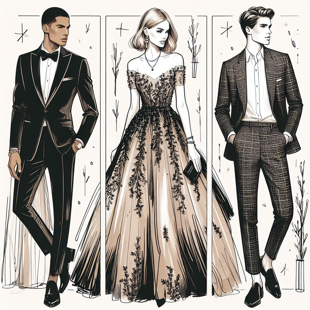 Display a collection of must-have outfits suitable for charity events, signifying an effortlessly chic trend. Imagine a collage featuring three dashing individuals: A Hispanic man in a sleek, black-tie suit, a Middle-Eastern woman wearing a flowy gala dress adorned with delicate appliqu&eacute;s, and a Caucasian woman sported in an elegant pantsuit with minimalist jewelry accessories. The event feels upscale but comfortable, with the attendees looking both fashionable and approachable, exuding a confident yet understated charm, perfect for an evening of philanthropy.