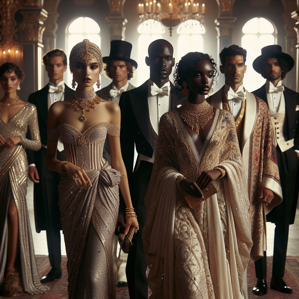Royal Wedding Attire: Elegant, Effortless Picks A sophisticated scene showcasing a royal wedding. Focus on the attire, showcasing a visual array of diverse guests. A South Asian woman is elegantly dressed in an extravagant, sparkling sari, draped with delicate gold jewelry. Across from her, a Black man is portrayed in a regal, western-style tailored tuxedo with a delicate silk ascot. A Middle-Eastern woman stands nearby adorning a richly brocaded kaftan, while a Caucasian man in a traditional morning suit adds further diversity. Scattered among them are other guests in varying, equally elegant outfits, each exquisitely detailed and designed with effortlessness and elegance. Remember, the mood is joyful and opulent, hinting at an air of royalty.