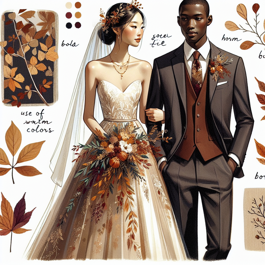 Fall Wedding Styles: Must-Have Looks & Tips A picturesque autumnal wedding scene illustrating a style guide. The image contains a couple dressed fabulously for their nuptials. The bride, an Asian woman, gracefully dons an elegant white gown with hints of fall-inspired colors like gold and maroon. Her veil is tastefully adorned with small autumn leaves instead of traditional lace. The groom, a Black man, is sophisticated in a tailored charcoal suit, his tie captures the essence of fall with rust, ochre, and burgundy hues. Some tips such as use of warm colors and seasonal accessories are subtly incorporated in their outfits.