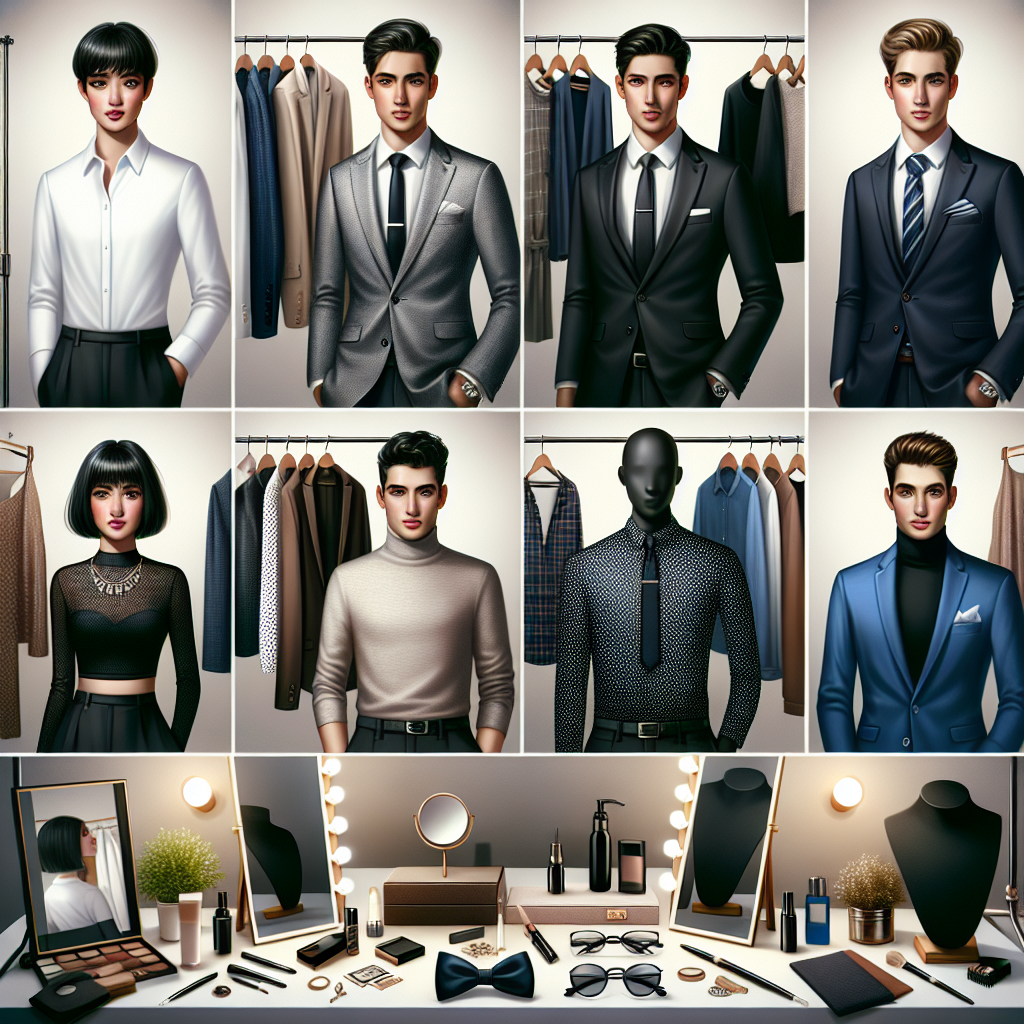 Envision an array of stylish outfits suitable for professional headshots. Each outfit should accentuate the individual's character and enhance their professional persona. Consider a variety of wardrobes, including a crisp white shirt and gray blazer ensemble for a Caucasian woman, a sleek black turtle neck for a Middle-Eastern man, a sassy polka-dot blouse and blazer combo for a Black woman, and a dashing blue suit for a Hispanic man. An assortment of accessories like neckties, handkerchiefs, cufflinks, and statement jewelry should complement each outfit. Surround them with a setting of backstage dressing rooms full of makeup, mirrors, clothes hangers, and soft light.