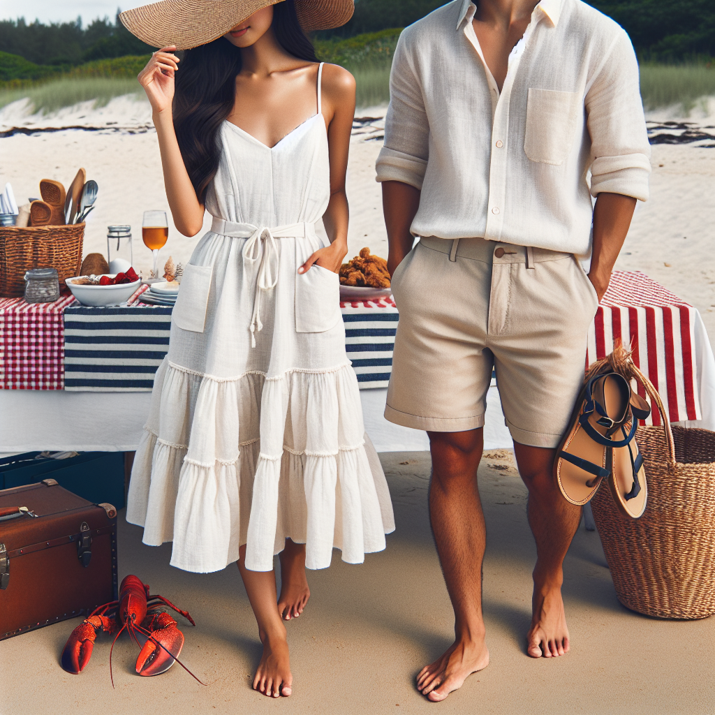 Stunning Outfits for a Clambake Date: Effortless Style You would want to dress a little summery for an outdoor clambake date. Therefore, picture a scene of a Hispanic man and an Asian woman standing near a beach setup for a clambake. The woman is seen donning a breezy, comfortable sleeveless white linen dress with a wide-brimmed sunhat. The man is wearing khaki shorts and a casual, crisp light-coloured button-down shirt. Both carry sandals in their hands as they walk barefoot on the sandy beach. There are lobster red accents, navy stripes, or anchor motifs on their outfit that evoke nautical charm, perfect for an afternoon by the sea.