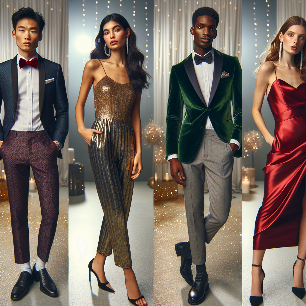 An image showcasing a diverse group of individuals showcasing their party attires. To the left, an Asian man is wearing a slick black suit paired with a crisp white shirt and a ruby red necktie. Beside him, a Middle-Eastern woman exudes confidence in her glittery golden dress and high-heeled pumps. In the middle, a Hispanic female is in a stunning emerald green satin jumpsuit accessorised with silver jewellery. To the right, a Black man is adorned in a navy blue velvet blazer, white dress shirt, and grey trousers. In the front, a Caucasian woman is wearing a ravishing red silk cocktail dress with black heels. The atmosphere should indicate a festive and joyous occasion with a subtle background of soft, colorful party lights.