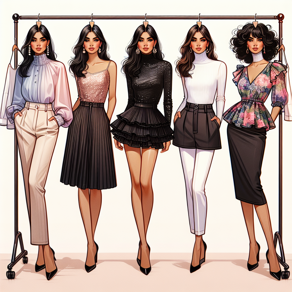 Create an image featuring a clothing rack displaying five diverse must-have tops, each paired with a stylish black skirt. From the left, envision a South Asian woman wearing a pastel-colored, buttoned-down blouse, next to a white woman in a sequined tank top. Then, picture a black woman sporting a sleek black turtleneck, alongside a Middle Eastern woman donning a chic white turtleneck with ruffle details. Lastly, imagine a Hispanic woman in a vibrant, floral-print peplum top. Each one demonstrating an effortless sense of style.