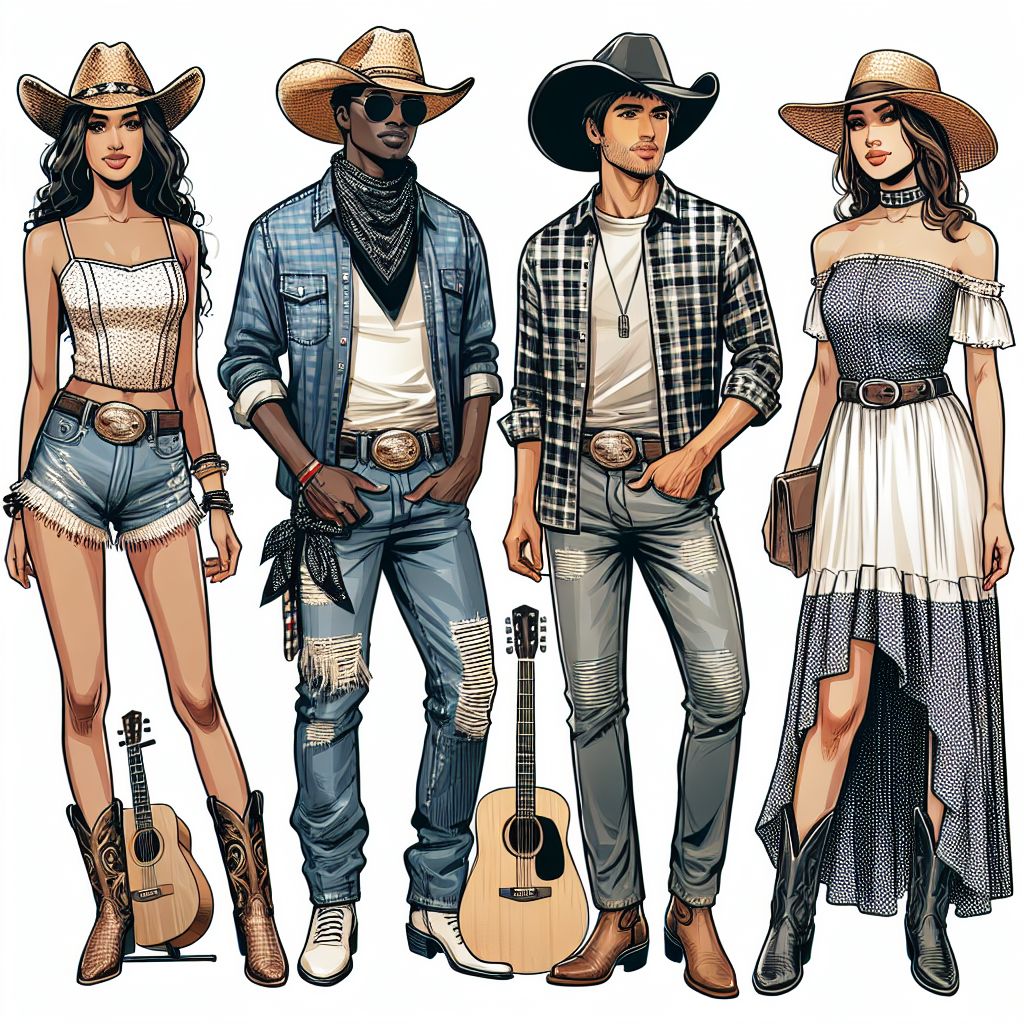 Depict several stylish outfits suitable for a country music concert, featuring both male and female fans. For the first outfit, depict a Middle-Eastern woman with a cowboy hat, denim jeans, and boots. Another outfit is for a Black man with a checkered shirt, cowboy boots, and a bandana around his neck. And the third is for a Caucasian woman in a stylish summer dress, cowboy boots, and a sunhat. These outfits should have elements that reflect the vibes of a lively country music environment. Please include a guitar to represent the music theme.