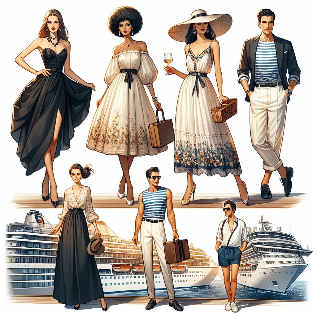 Stunning European Cruise Outfits: Effortless Style Guide An array of stylish cruise outfits inspired by timeless European fashion. Show four different outfits suitable for different activities aboard a cruise ship. Include one chic, black evening gown worn by a Caucasian woman, ideal for a ship's formal dining event. The second outfit should be a light, airy sundress worn by a Black woman, perfect for sunny days on deck. The third outfit will be a comfortable travel ensemble worn by a Middle-Eastern man, suitable for excursions when the ship docks. Lastly, depict a nautical-inspired ensemble worn by a Hispanic man, great for casual strolls around the ship.